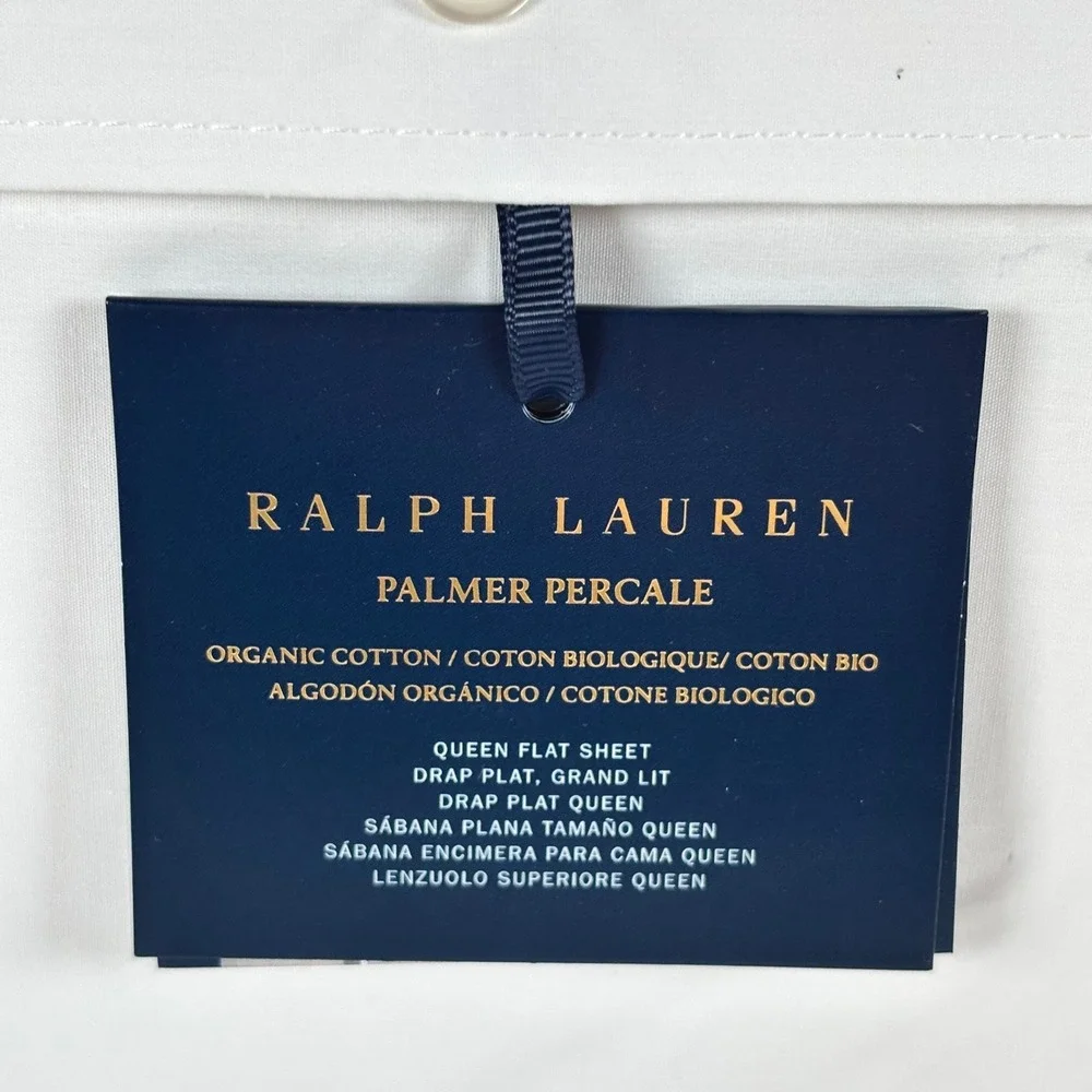 Ralph Lauren Palmer Percale Queen‎ Flat Sheet Sand Dune Trim Organic Cotton NEW